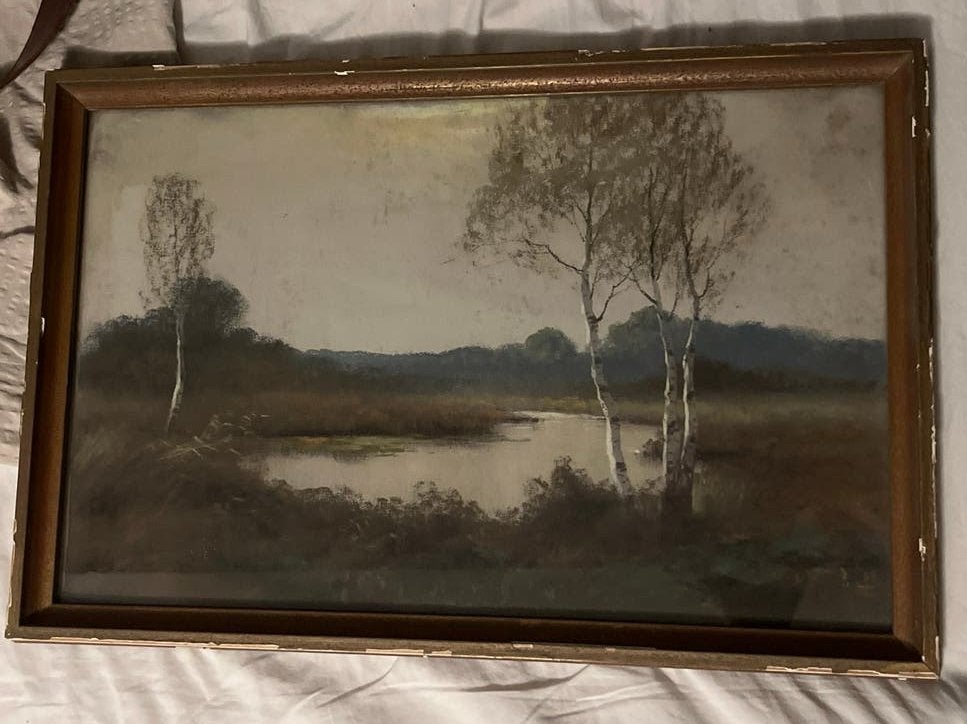 Krijttekening P. Cox - Landschap met water en bomen, Antiek en Kunst, Ophalen, Gesigneerd, Landschap, Tekening