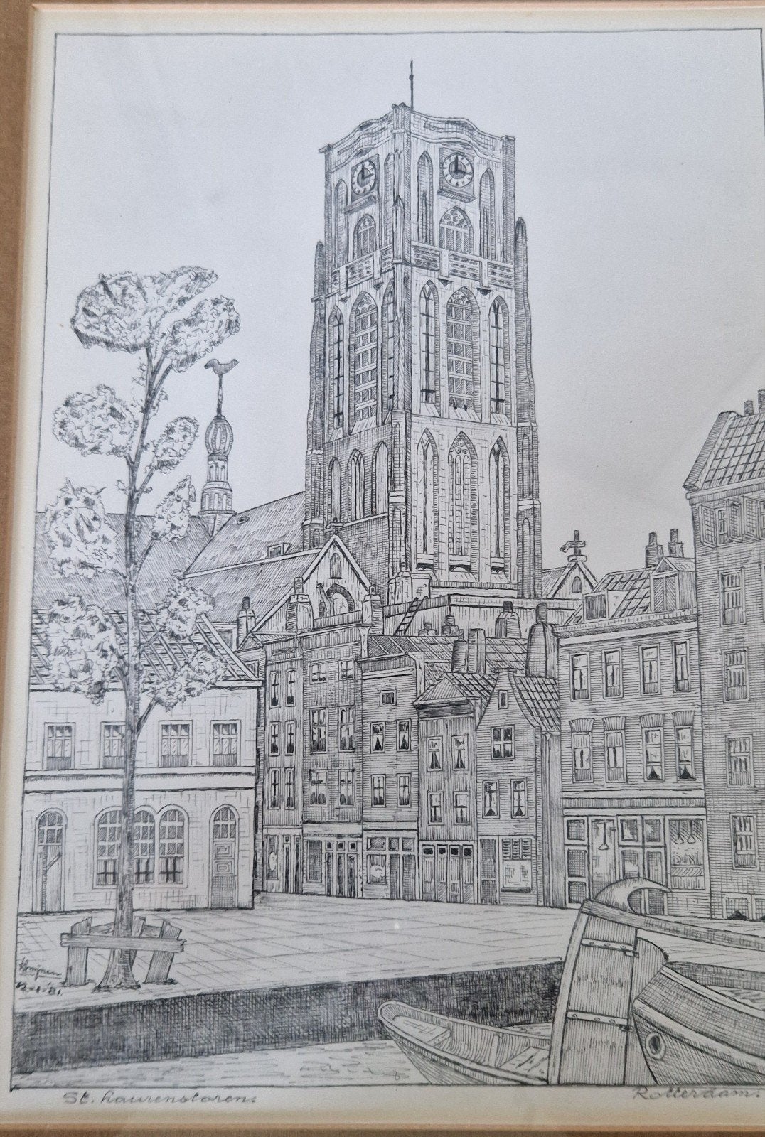 Set van 4 gedetailleerde pentekeningen  Nederlandse steden, Ophalen of Verzenden, Tekening, Pentekening, Gesigneerd