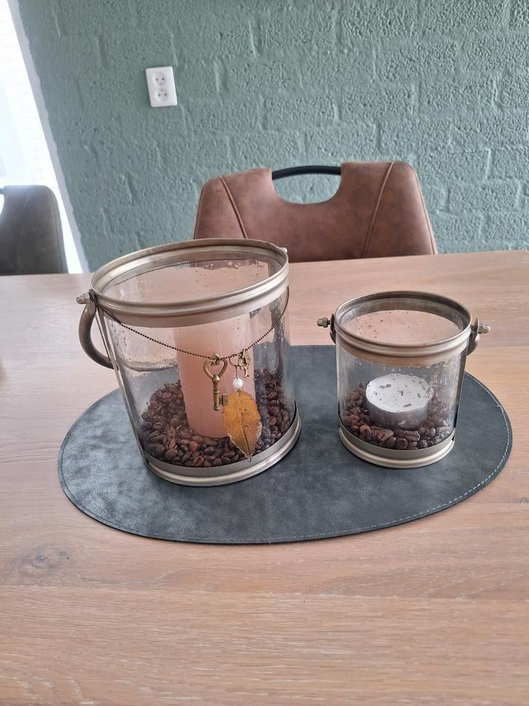 Set van 2 glazen windlichten met bubbeltjesglas metalen rand, Ophalen of Verzenden