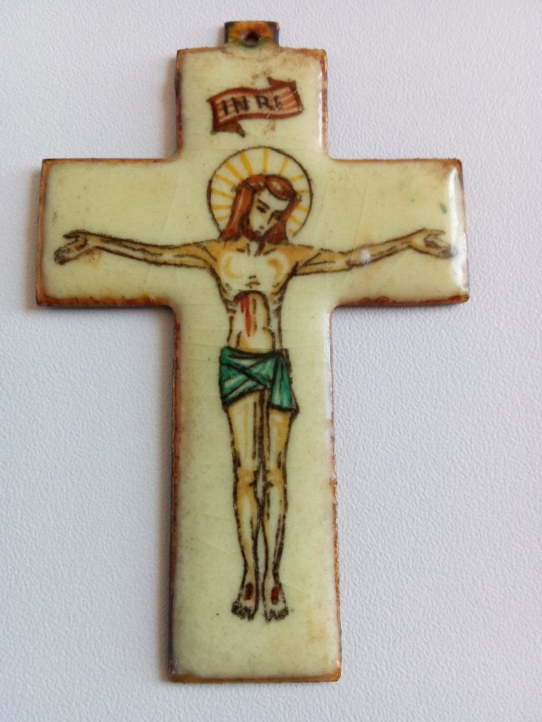 Kruisje emaille 8.5cm, Ophalen of Verzenden, Gebruikt, Christendom | Katholiek