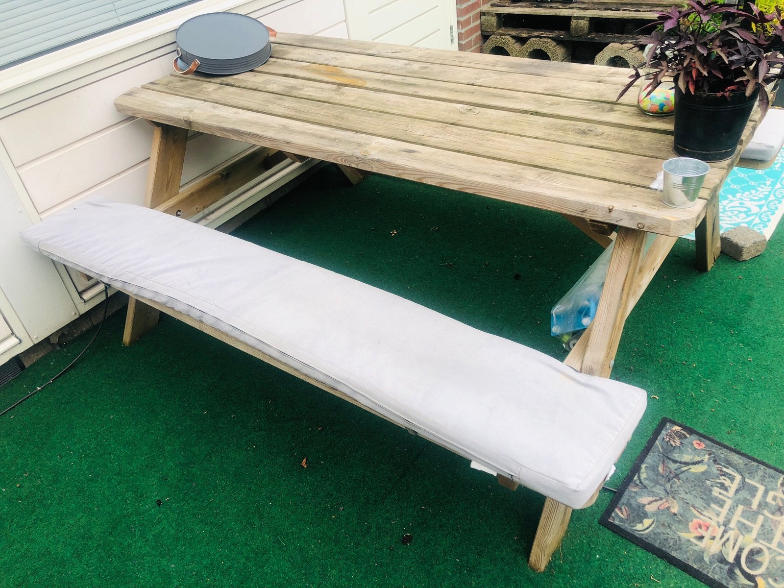 Grote picknicktafel iclusief luxe kussens, Ophalen, Gebruikt, Rechthoekig, Hout