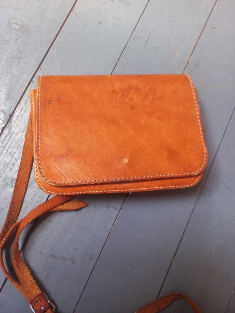Echt leren handtas in camel kleur met diverse vakjes, Ophalen of Verzenden