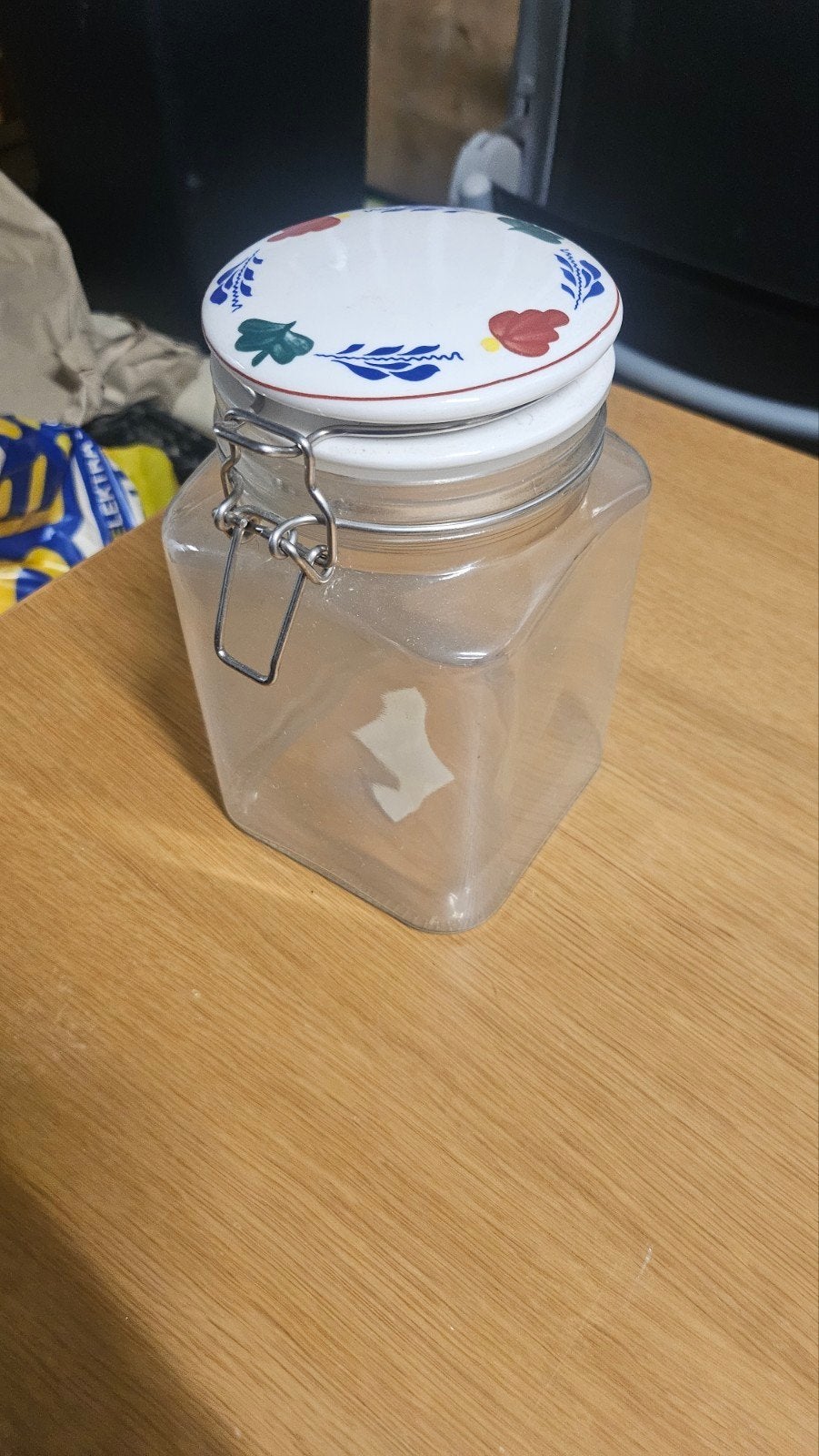 Glazen voorraadpot met Delfts blauw-achtig deksel, Ophalen of Verzenden, Voorraadpot, Meerkleurig, Overige merken