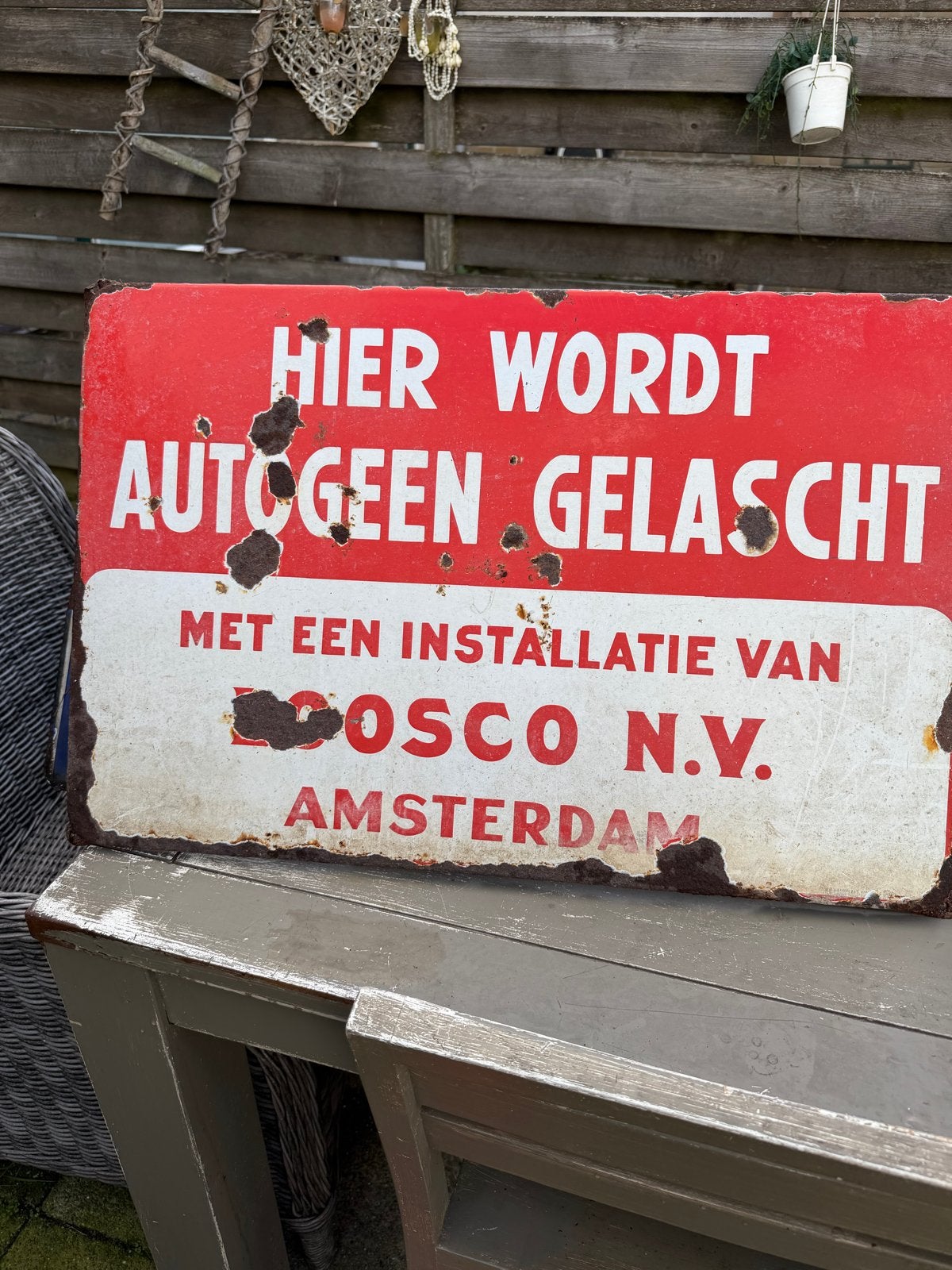 Vintage Emaille Reclamebord: Hier Wordt Autogeen Gelast, Ophalen of Verzenden