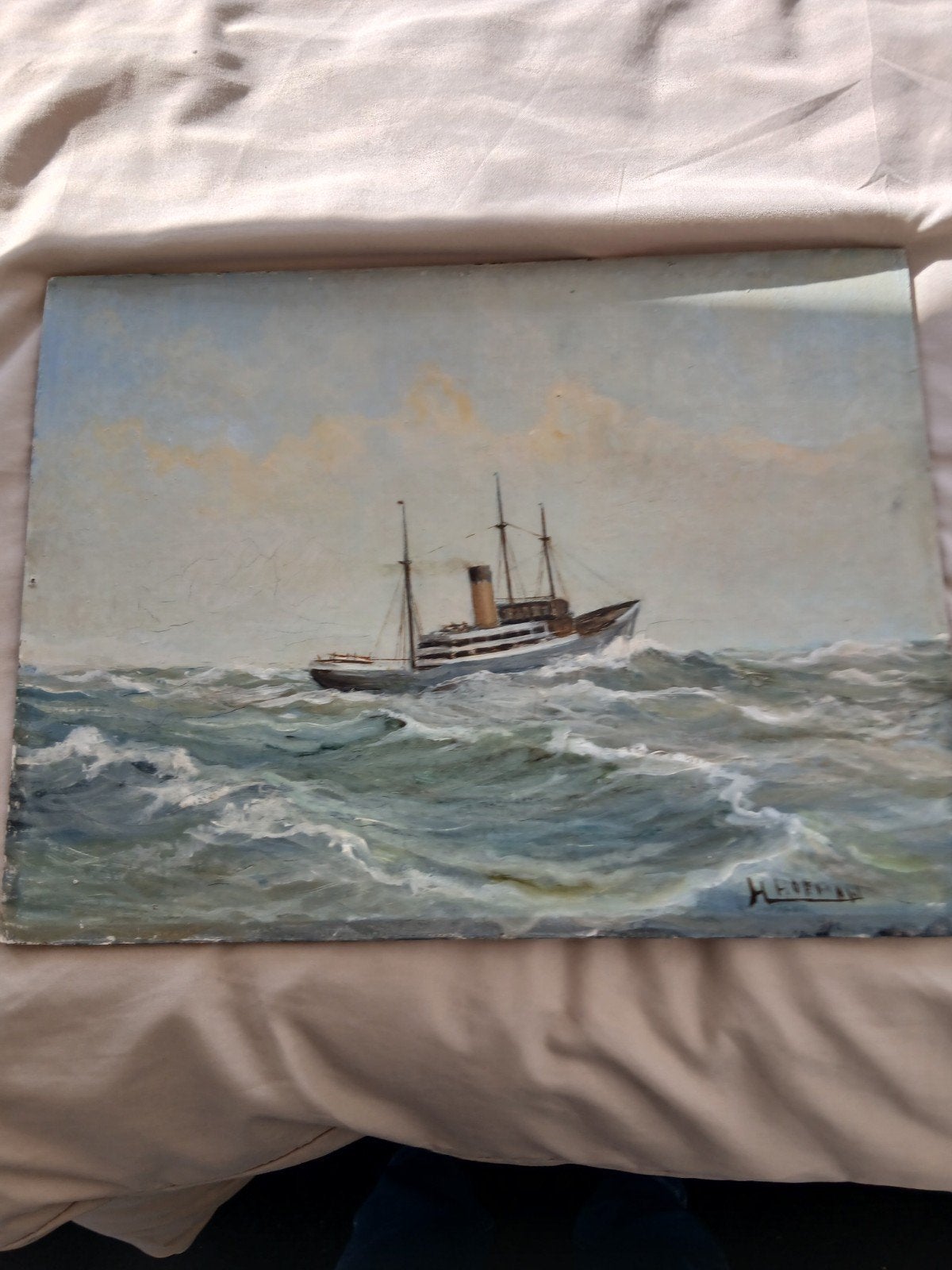 Maritiem schilderij van H. Hofman op hardboard, Antiek en Kunst, Realistisch, Ophalen of Verzenden, Olieverf, Gesigneerd
