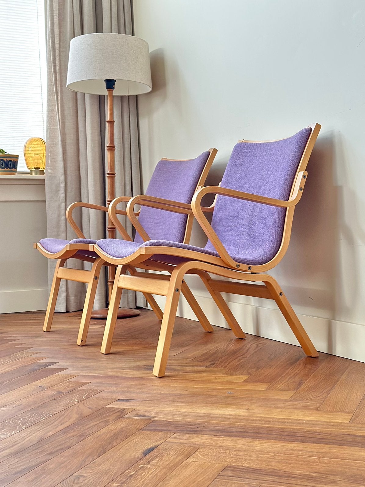 Set 2 fauteuils Finn Østergaard model Albert jaren 50/60/70, Ophalen, Gebruikt, Minder dan 75 cm, Stof