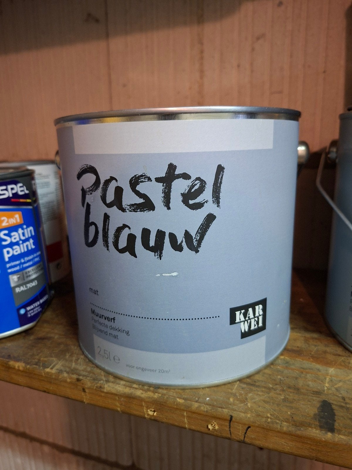 Karwei Muurverf Pastel Blauw Mat 2.5L, Doe-het-zelf en Verbouw, Verf, Beits en Lak, Ophalen, Blauw, Nieuw, Verf
