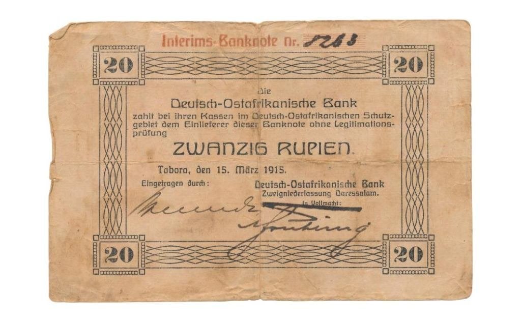 Duits Oost-Afrika 20 Rupien 1915 (Fraai+), Postzegels en Munten, Ophalen of Verzenden, Duitsland, Los biljet