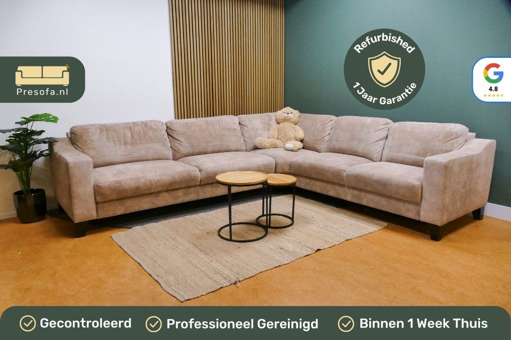 Hoekbank Beige Velvet Profijt Meubel [Refurbished], Huis en Inrichting, Banken | Bankstellen, Zo goed als nieuw, Hoekbank, Vierpersoons of meer
