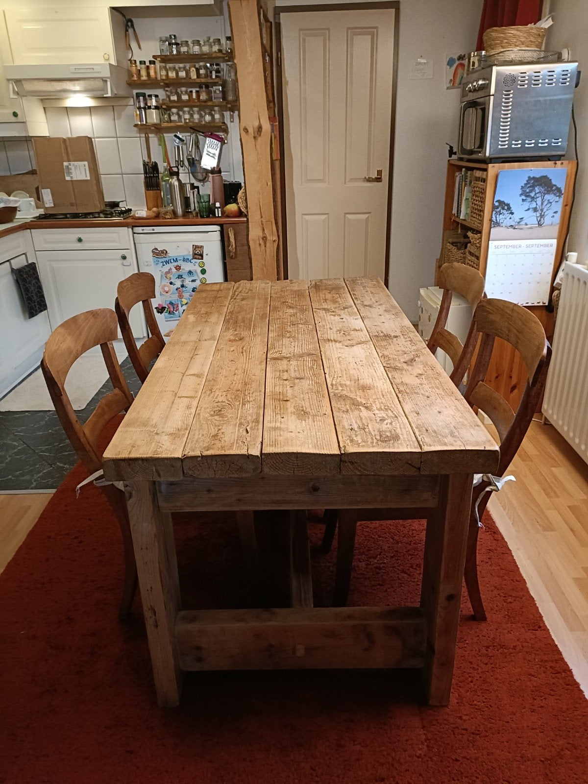 steigerhout tafel (L149 x B76,5 x H75,3) + 4 houten stoelen, Ophalen, Gebruikt, Steigerhout tafel, 4 tot 6 stoelen