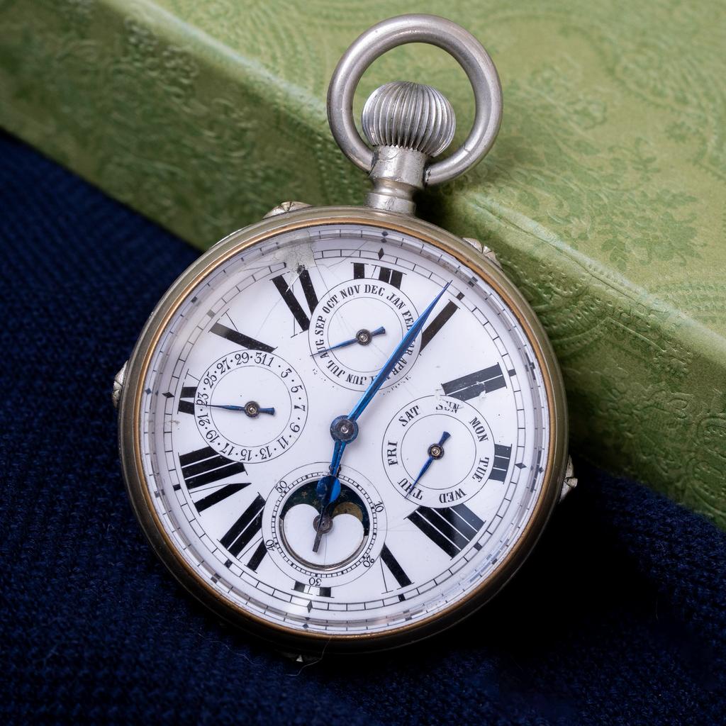 Antique Swiss Triple Calendar Pocket Watch - Moonphase, Ophalen of Verzenden, Staal, Overige merken, 1960 of later