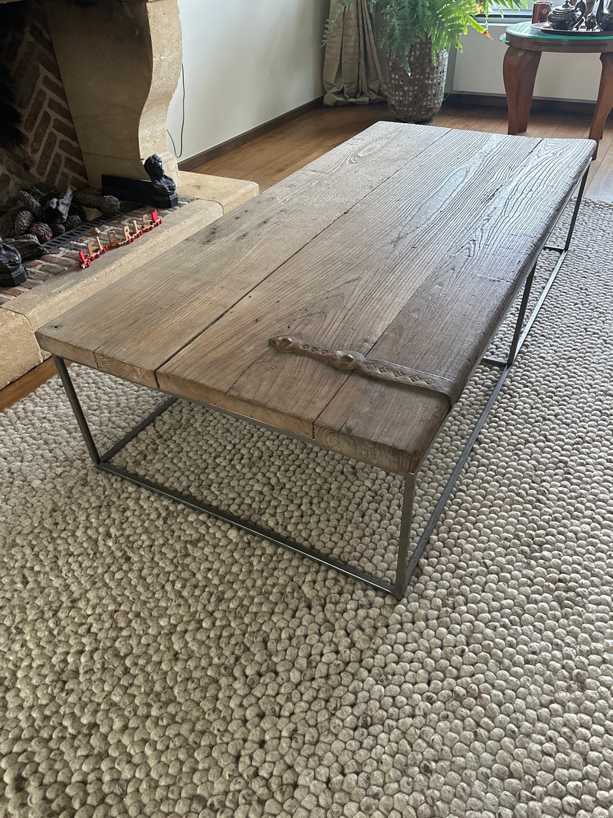 Salontafel: Oude Chinese deur op RVS onderstel, Ophalen, Gebruikt, 50 tot 100 cm, 150 tot 200 cm