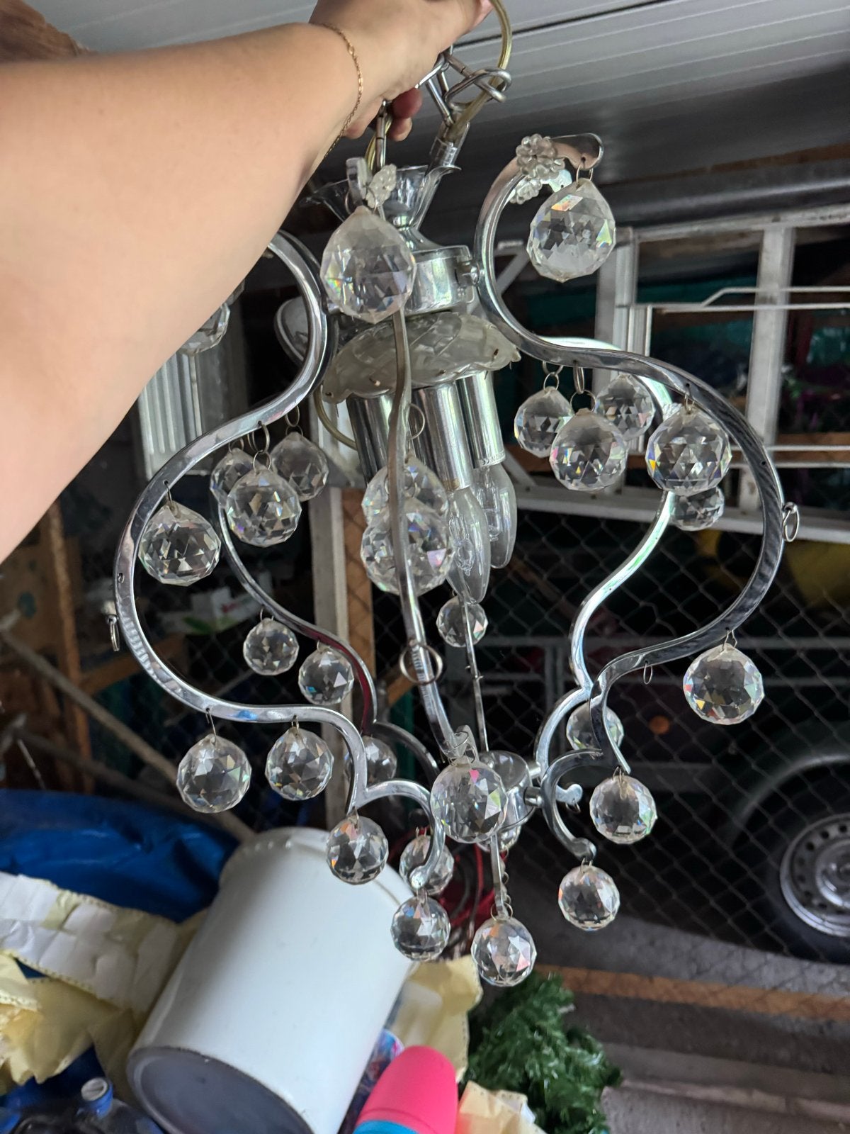 Mooie lamp met kristallen bollen, Ophalen of Verzenden, Gebruikt, Glas, E14 (klein)