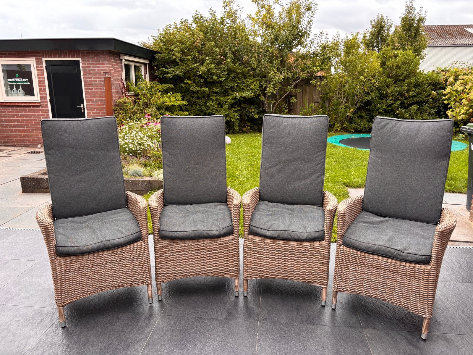 4 verstelbare tuinstoelen van wicker met kussens, Tuin en Terras, Tuinstoelen, Ophalen, Gebruikt, Wicker, Verstelbaar