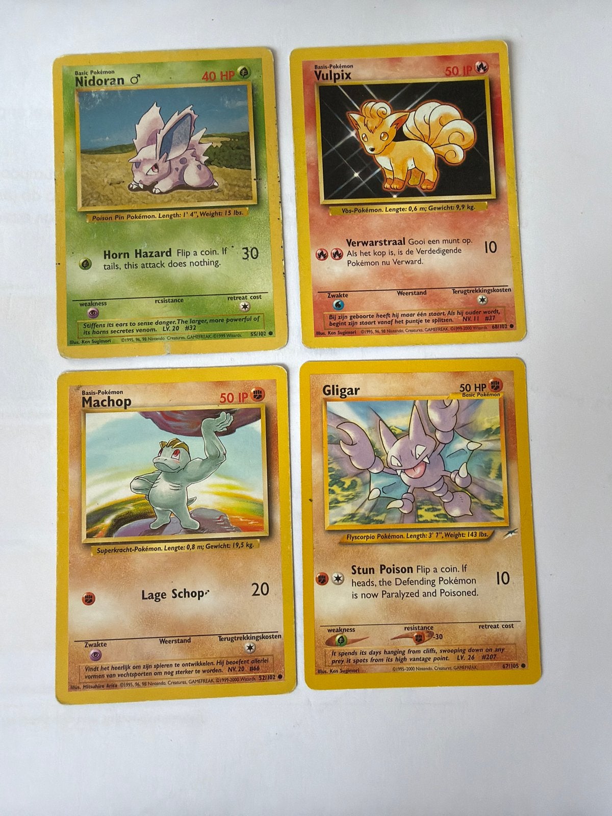 Pokémon Kaarten: Nidoran, Vulpix, Machop, Gligar (4 stuks), Ophalen of Verzenden, Gebruikt, Meerdere kaarten