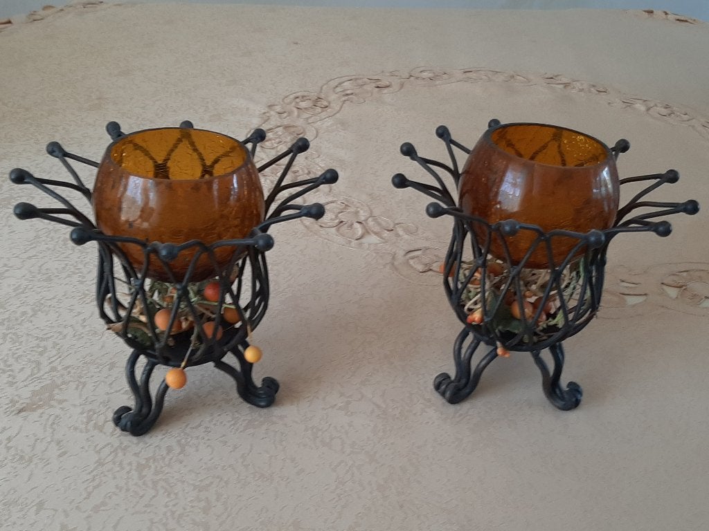 2 metalen kandelaars in zeer goede staat met lichtje, Ophalen of Verzenden, Zo goed als nieuw, Bruin, Metaal