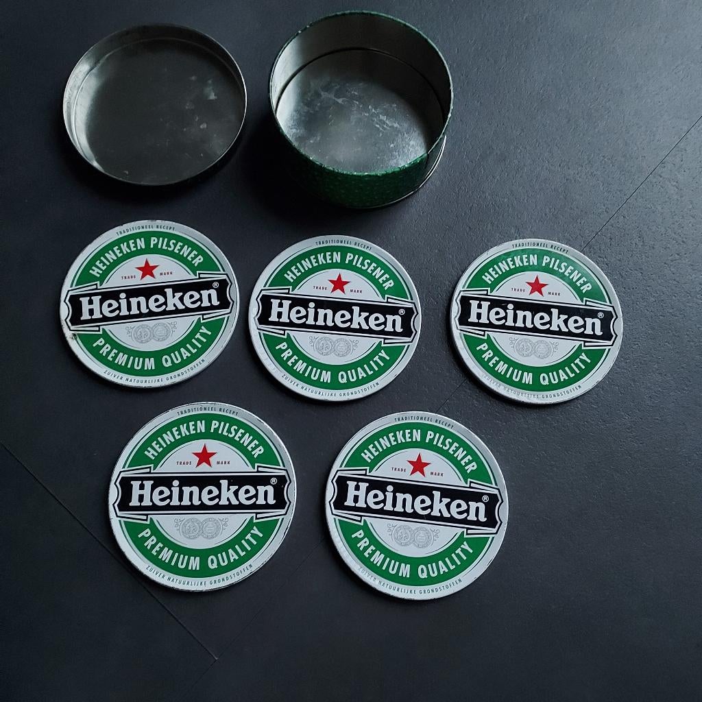 Heineken blikje met 5 onderzetters, Verzamelen, Biermerken, Ophalen of Verzenden, Gebruikt, Viltje(s), Heineken