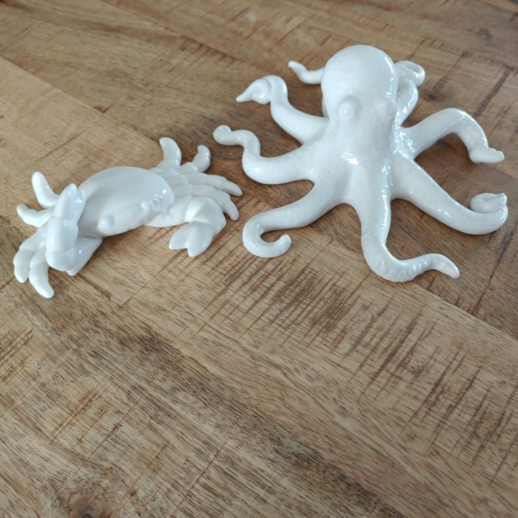 Decoratieve Krab en Octopus Beeldjes - Wit Keramiek, Huis en Inrichting, Woonaccessoires | Overige, Zo goed als nieuw, Steen/keramiek