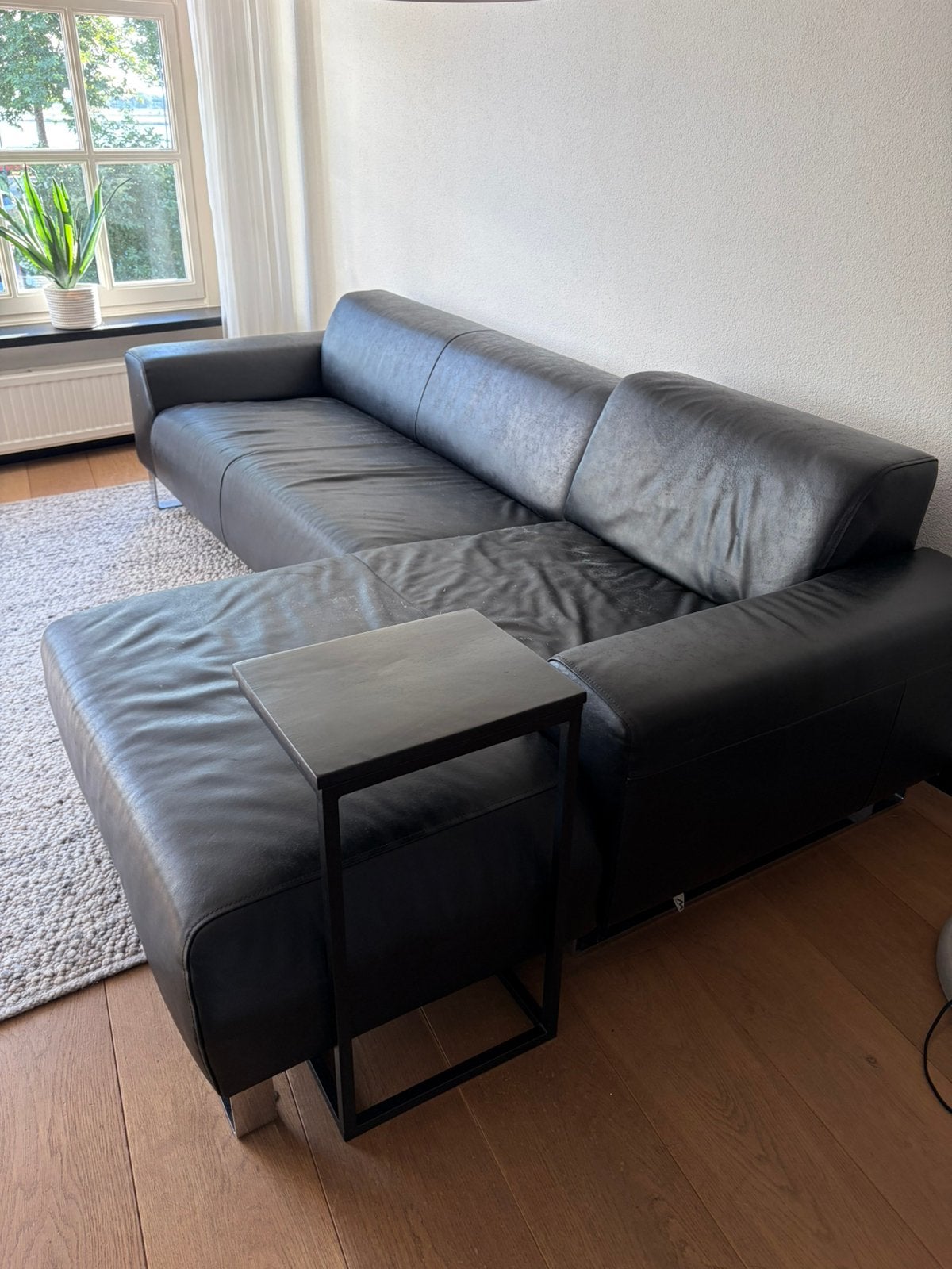 GRATIS Zwarte Leren Hoekbank -, Huis en Inrichting, Banken | Bankstellen, Ophalen, 250 tot 300 cm, Gebruikt, Hoekbank