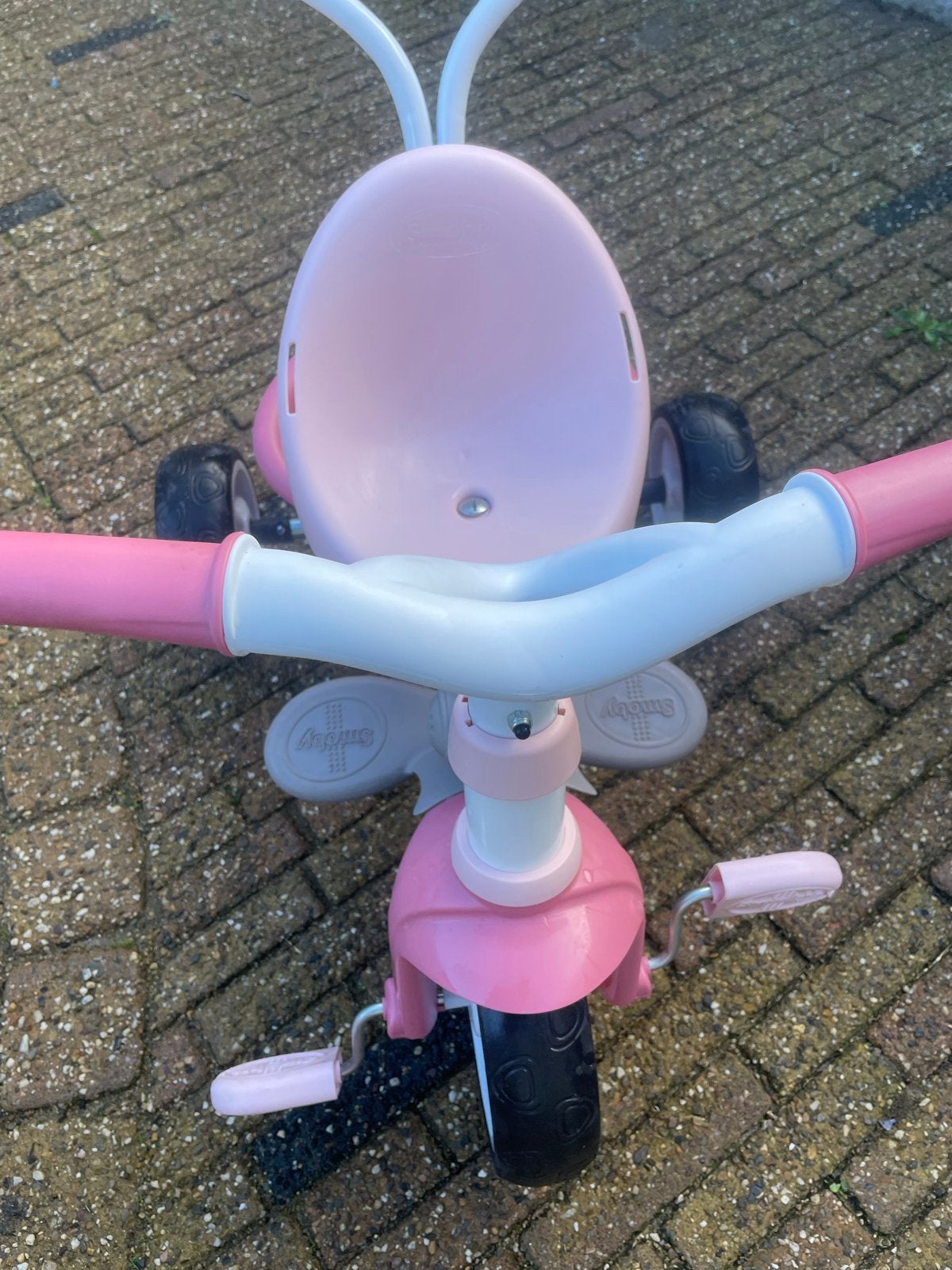 Smoby driewieler roze met duwstang, Ophalen, Gebruikt, Terugtraprem, Duwstang