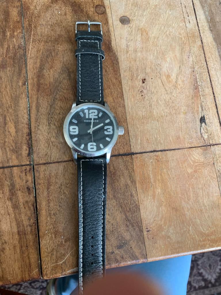 MeeS & Co Horloge met Zwart Leren Bandje, Overige merken, Staal, Polshorloge, Ophalen of Verzenden