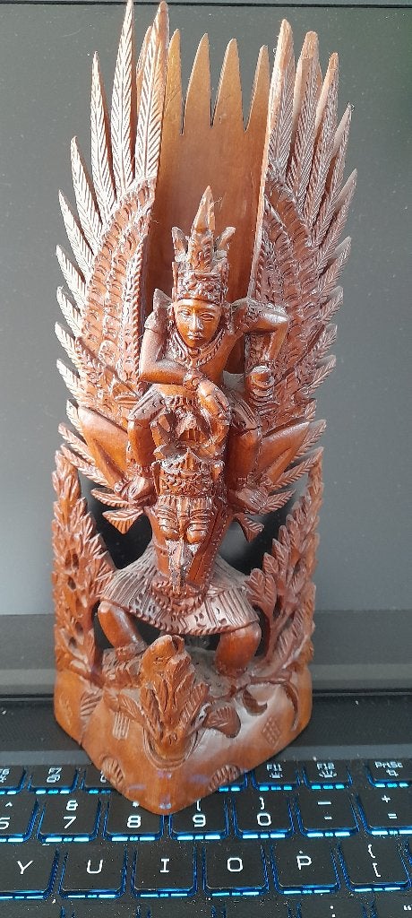 Houten beeld Vishnu op Garuda - Handgesneden - 22 cm, Houtsnijwerk, Verzenden, Handgemaakt, 20 - 50 cm
