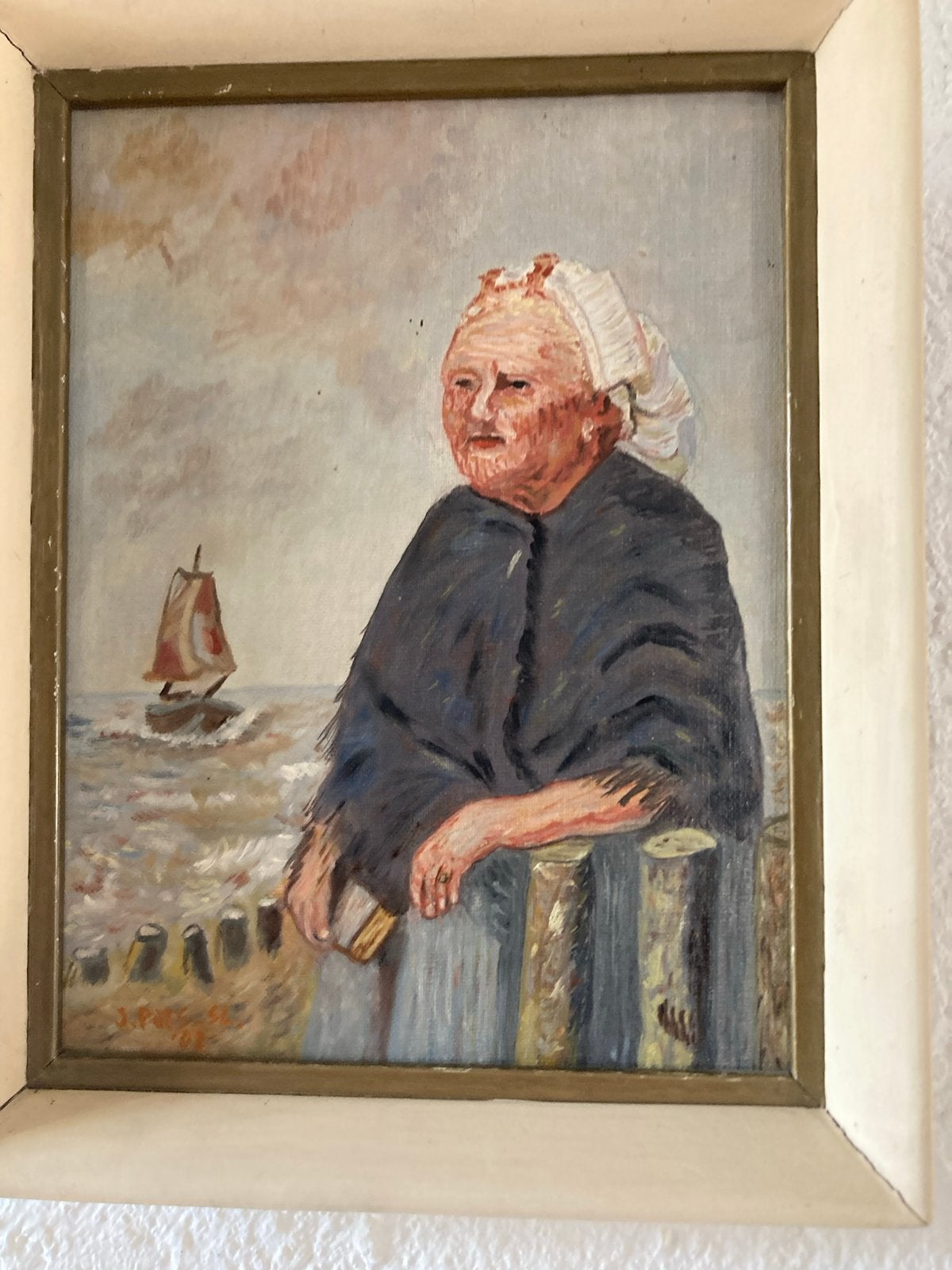 Oud Hollands Schilderij: Vrouw aan Zee, 20x28 cm, Antiek en Kunst, Paneel, Portret of Personen, Oud hollands, Ophalen of Verzenden