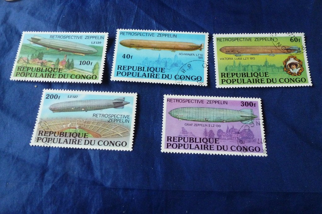 Postzegels - republiek Congo complete serie 5x Zeppelins, Ophalen of Verzenden, Gestempeld, Vliegtuigen