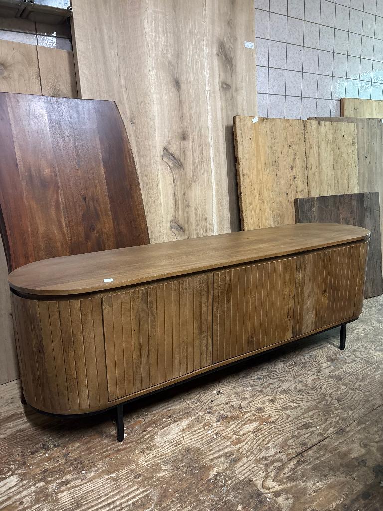 Tv meubel ribbel design stalen onderframe 170cm breed, Ophalen, 150 tot 200 cm, Teakhout, Hoevesteenwijkerwold@gmail.com