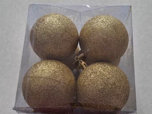 4 goudkleurige kerstballen met glitter h, Diversen, Kerst, Onbekend, Ophalen of Verzenden, Zo goed als nieuw, Losse verkoop