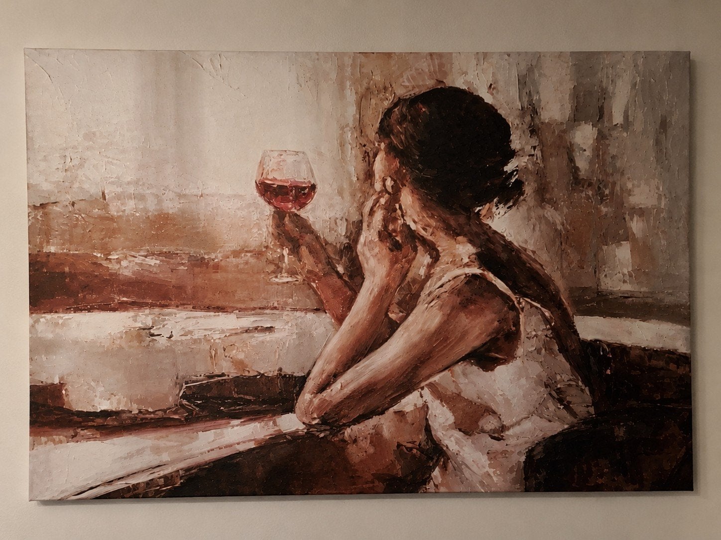 PURE LIVING Canvas Schilderij 'Vrouw met wijnglas' 116x84 cm, Ophalen, Textiel, Op houten frame, Figuren