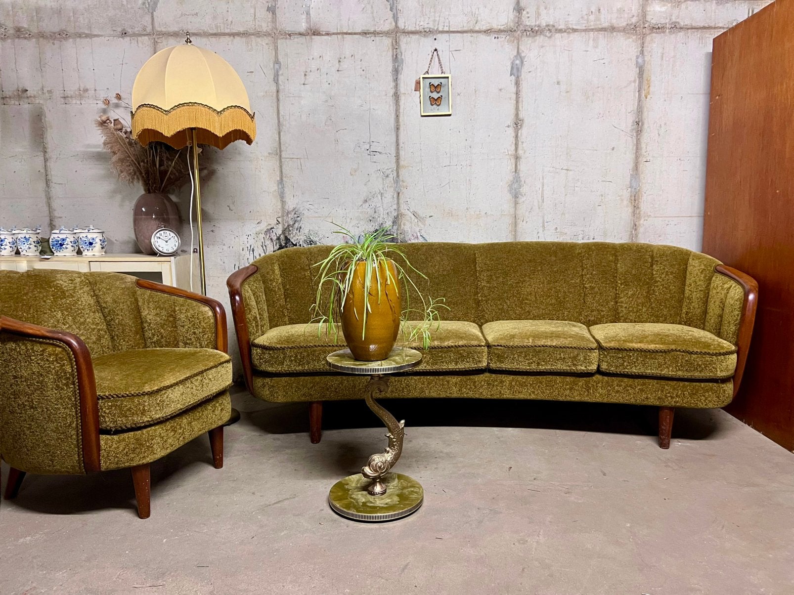 Bankstel bank met stoel vintage, Ophalen, Hout, Gebruikt, Vintage retro