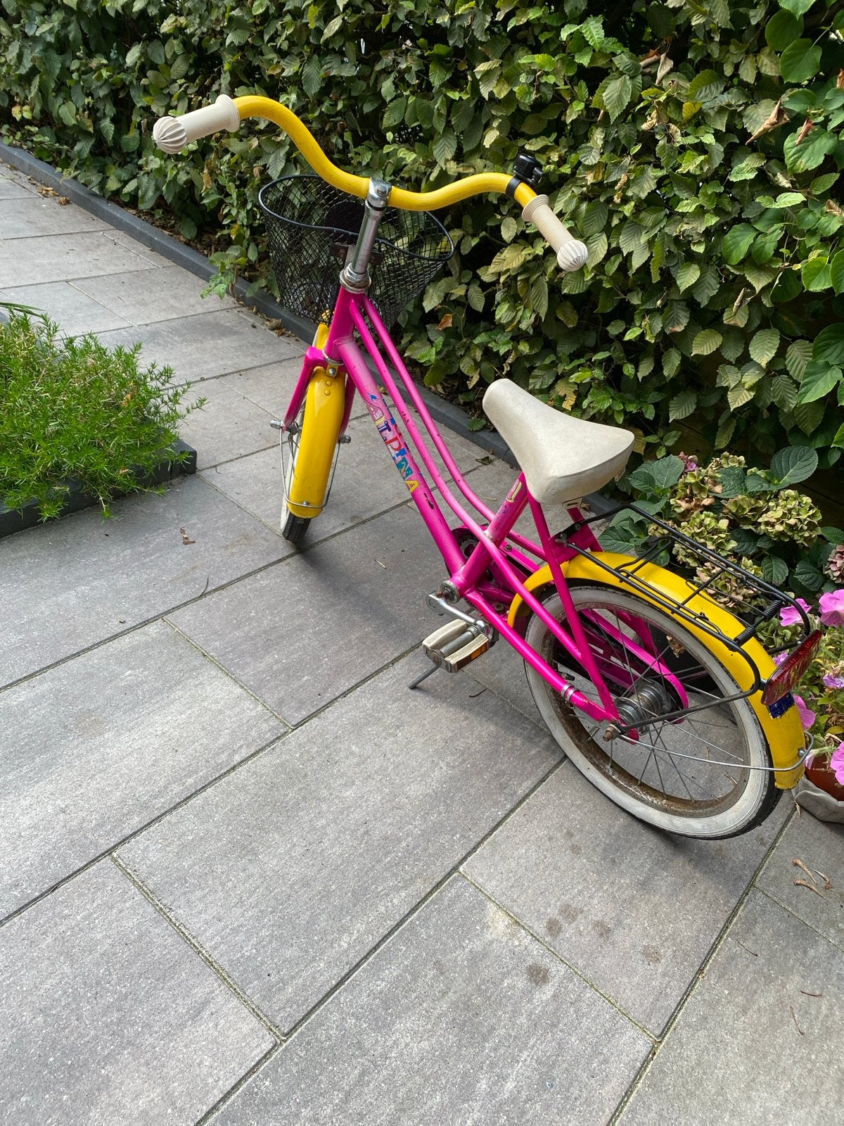 Alpina kinderfiets roze/geel - 16 inch, Fietsen en Brommers, Fietsen | Kinderfietsjes, Ophalen, Gebruikt, Terugtraprem, 16 tot 20 inch
