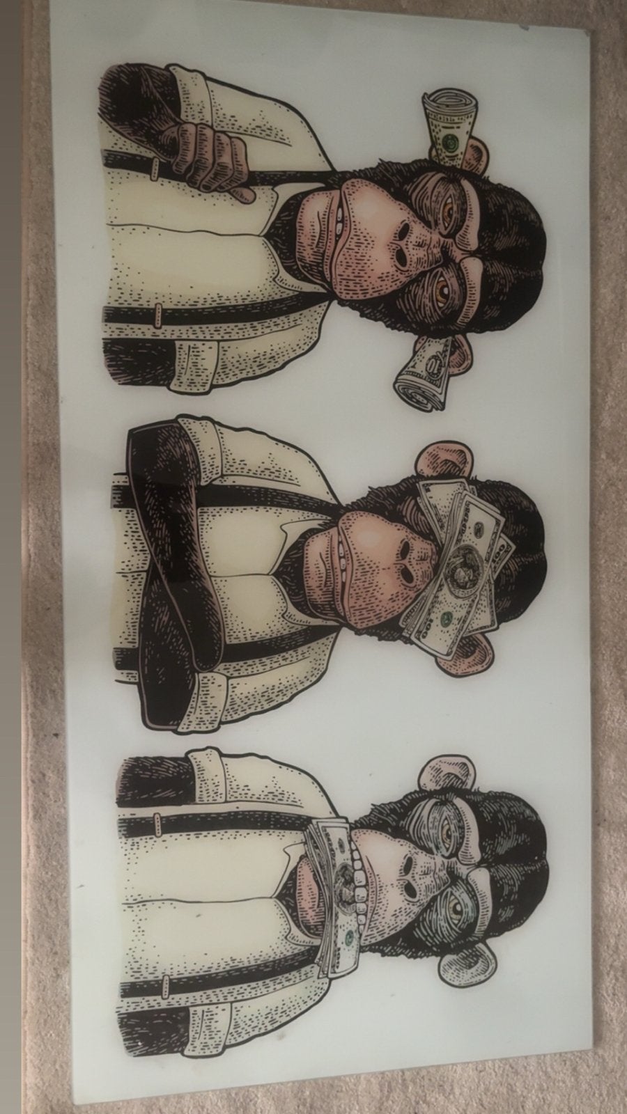 Moderne kunst: Apen met geld (Horen, Zien, Zwijgen), Antiek en Kunst, Ophalen, Glas, Achter glas, Dieren
