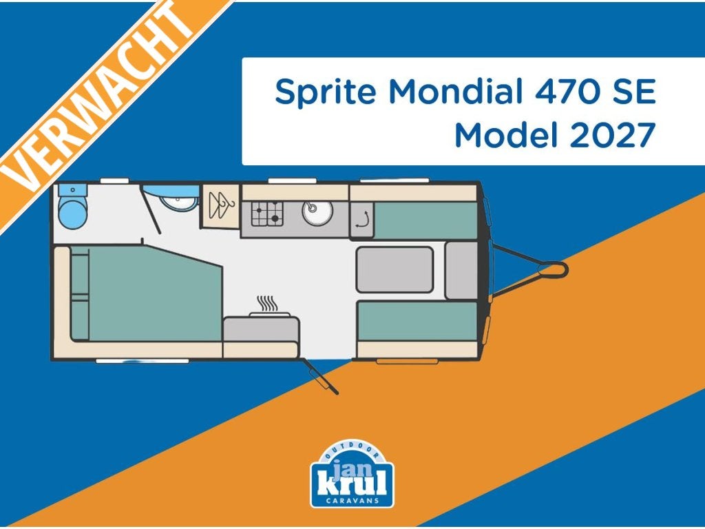 Sprite Mondial 470 SE Frans bed, Caravans en Kamperen, Standaardzit, Bedrijf, Overige typen, 5 tot 6 meter
