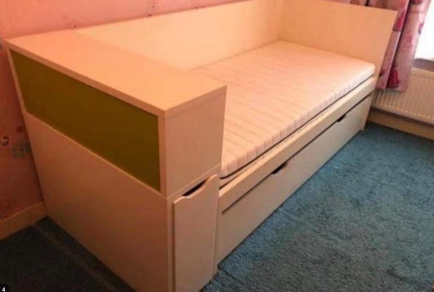 Kinderbed met opbergruimte en uitschuifbaar logeerbed, Ophalen, 85 tot 100 cm, Gebruikt, Lattenbodem
