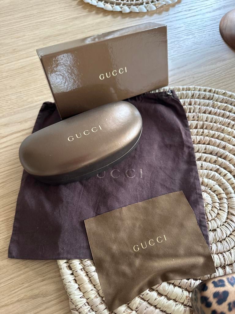 Gucci brillenkoker met brillendoek, box en stoffentas, Overige merken, Gebruikt, Bruin, Ophalen of Verzenden