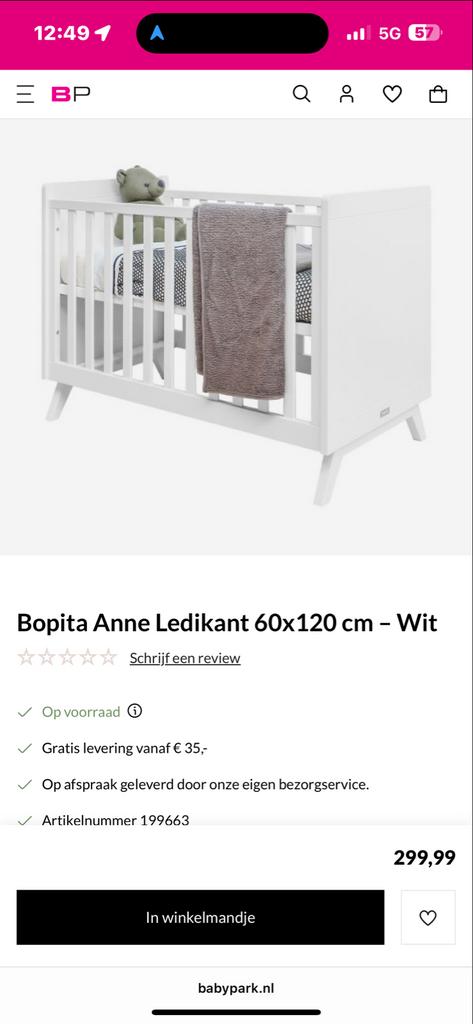 Bopita Anne Ledikant 60x120 cm - Zo goed als nieuw, Kinderen en Baby's, Babywiegjes en Ledikanten, Ophalen, Zo goed als nieuw