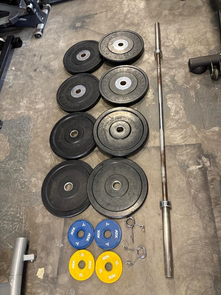 Crossmaxx Bumperplates + ATX Schijven + Stang - Dordrecht, Sport en Fitness, Fitnessmaterialen, Ophalen, Gebruikt, Halter set