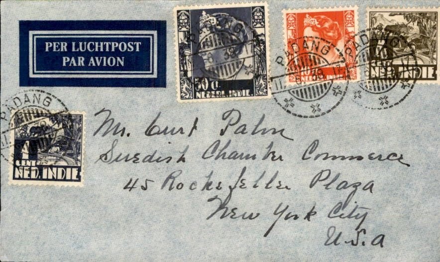 Nederlands Indië - USA - Luchtpost - Padang - 1938, Postzegels en Munten, Brieven en Enveloppen | Nederland, Verzenden, Envelop