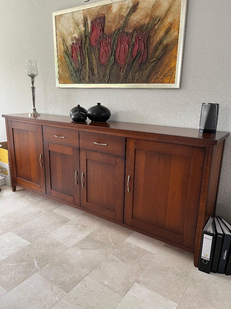 Massief kersenhouten dressoir (234x44x95 cm), Huis en Inrichting, Ophalen, Met lade(s), Zo goed als nieuw, 200 cm of meer