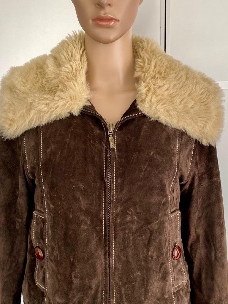 H757 Spoon maat 36=S echt-suede-leren jas winterjas bruin, Bruin, Spoon, Ophalen of Verzenden, Zo goed als nieuw