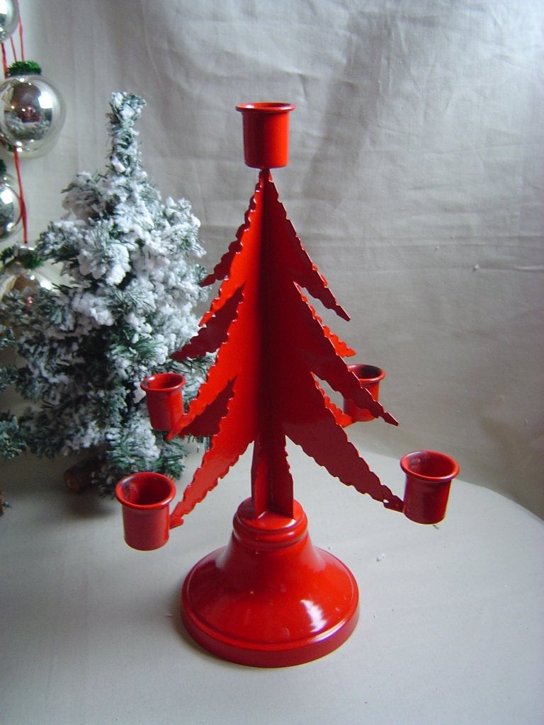 Rood metalen kerstboom kaarsenstandaard voor 5 kaarsen, Ophalen of Verzenden, Gebruikt