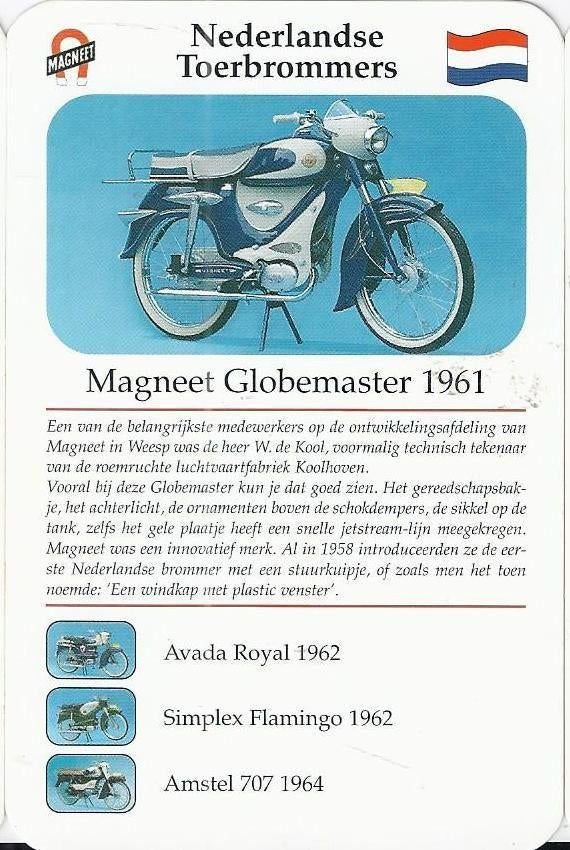 Kw4041 verzamelkaartje bromfiets magneet globemaster 1961, Ophalen of Verzenden, Zo goed als nieuw, Motoren