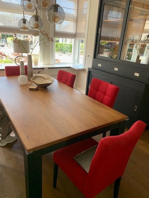 Te koop eettafel met 6 stoelen, Ophalen, Gebruikt, Teakhout, 200 cm of meer