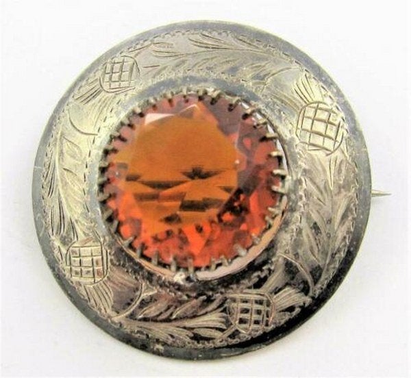 Distel, antieke Schotse broche verzilverd met citrien (5452), Sieraden, Tassen en Uiterlijk, Ophalen, Overige materialen, Broche