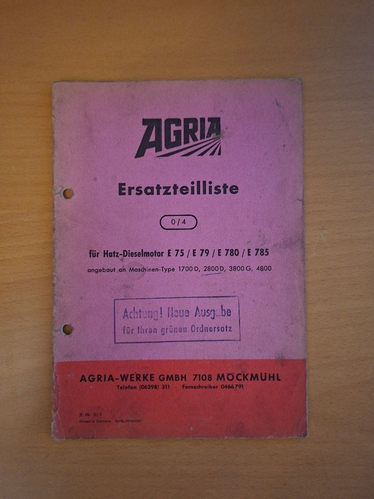 Onderdelenboek Agria met Hatz motor E 75, E 79, E 780, E 785, Ophalen of Verzenden, Gelezen, Tractor en Landbouw