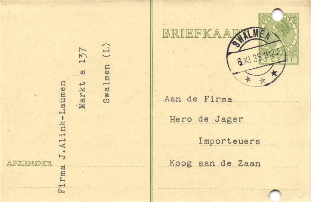 Firma J. Alink-Laumen, Swalmen [L] - 11.1935 - briefkaart, Ophalen of Verzenden, Briefkaart