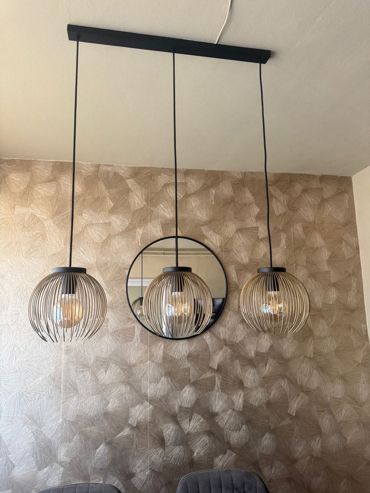 Moderne hanglamp met 3 kooilampen, Ophalen, Gebruikt, Metaal, E27 (groot)