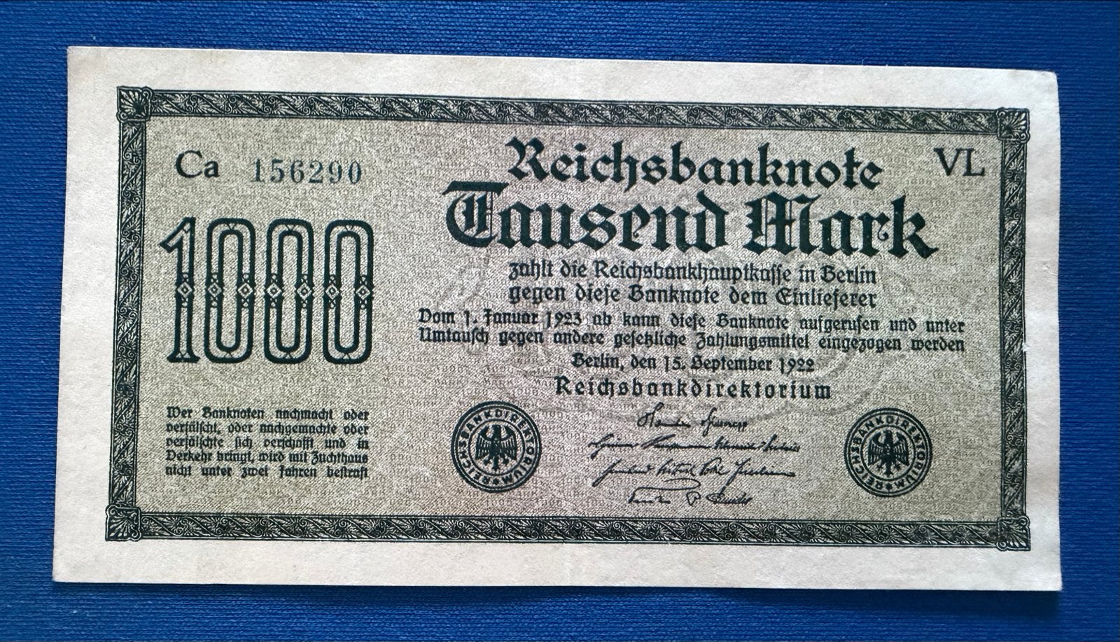 Duitsland 1000 Mark Reichsbanknote 1922, Postzegels en Munten, Bankbiljetten | Europa | Niet-Eurobiljetten, Ophalen of Verzenden
